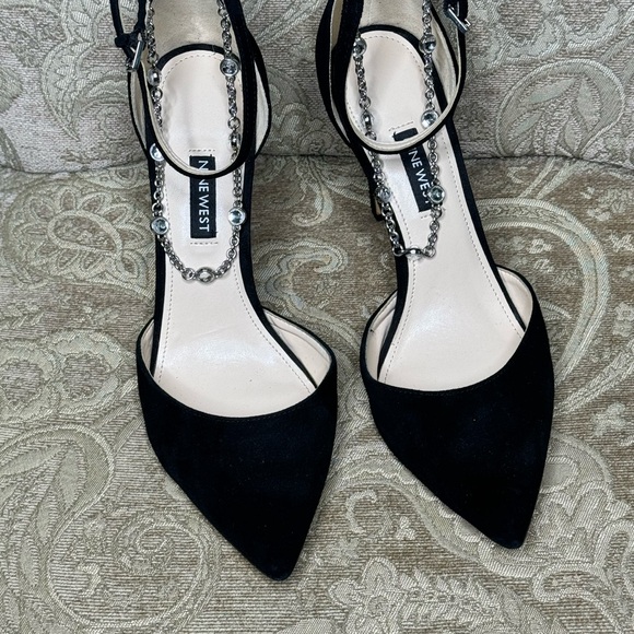 Nine West Black Suede Stiletto with Ankle Strap and Rhinestone Ankle Chain - Picture 3 of 7